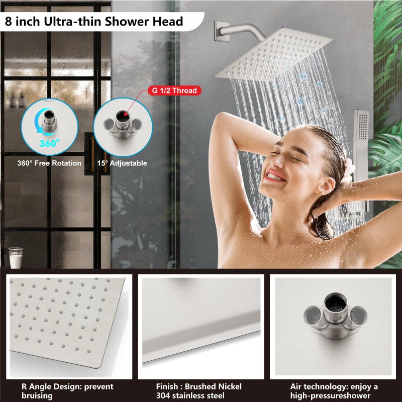 Midanya Shower Faucet Set,Wall Mount Shower System with Square Rain Shower Head and Hand Sprayer, Rough-in Valve Body and Trim Kit Included,8 Inch,Brushed Nickel - Image 3